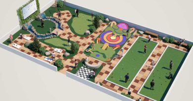 Artist rendering of the new GameCourt Promenade™ from Adventure Golf & Sports (AGS) shows how open spaces about the size of a Basketball court can be repurposed into a park-like family activity center with six lawn games, a practice putting green, benches and more. AGS says the open space concept may also make it easy to use for other guest activities like health / wellness classes, birthday celebrations, cocktail parties, watching movies on an outdoor screen, etc.