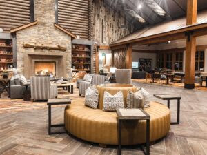 Welk Resorts, The Ranahan, Breckenridge, Colorado (interior with round seating & fireplace)