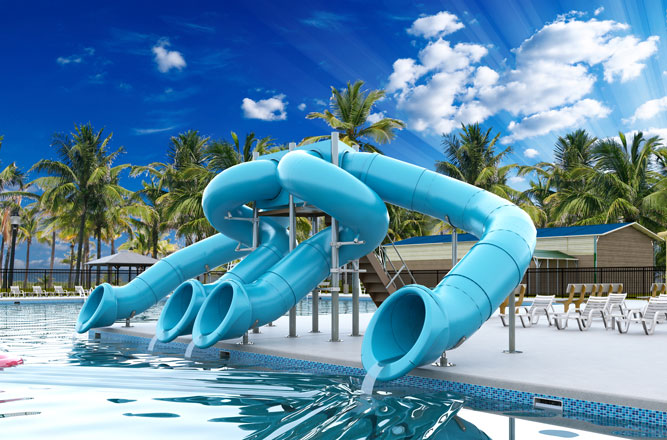 Spectrum Aquatics Quad flume half hex deck poolside slides feature four enclosed slide flumes, slip-resistant platforms, and center steps with rails.