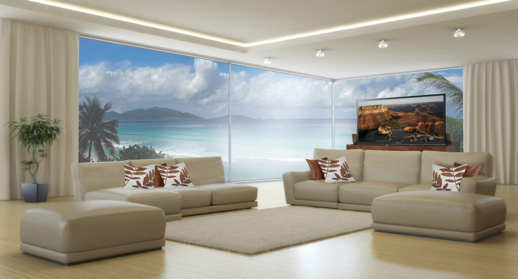 Auton 5-Star Hotel Living Room with Ocean View
A secret ingredient in preserving the design intent of the room is to conceal the TV until use, when it is dramatically revealed with custom motorized concealment systems.