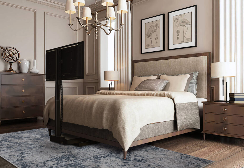 Auton 5-Star Hotel Under-the-Bed TV Lift With a motorized lift, the TV smoothly rises from under the bed and can be swiveled to the guest’s preferred position by remote as desired.