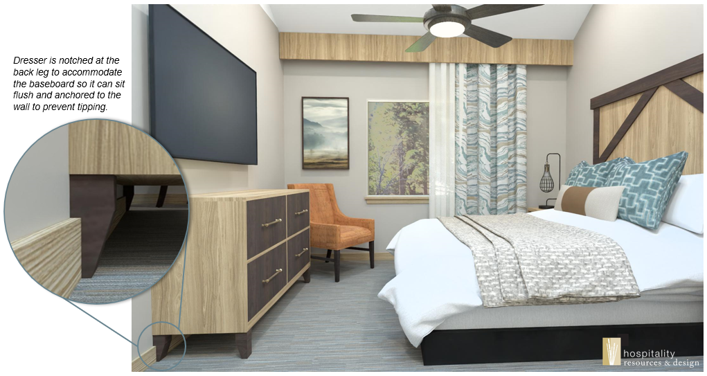 Hospitality resources & design - Dresser notched back leg to accommodate baseboard.